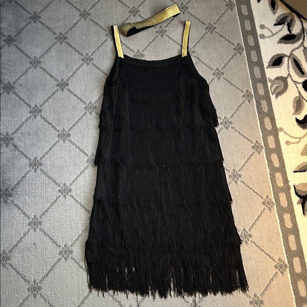 Black Fringe Flapper Dress Costume with Gold Straps and Headband